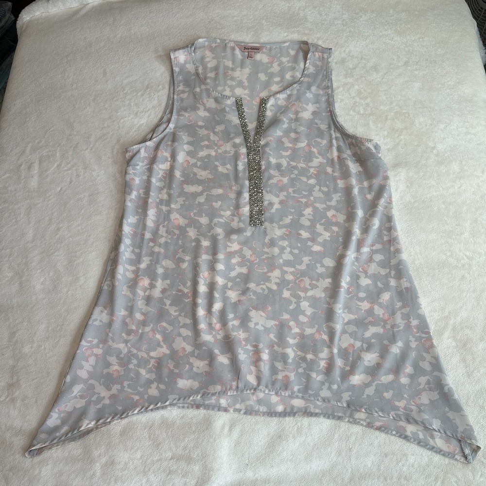 Juicy Couture Womens L Blouse Print Top Flowing Shirt Front Jeweled Embellished